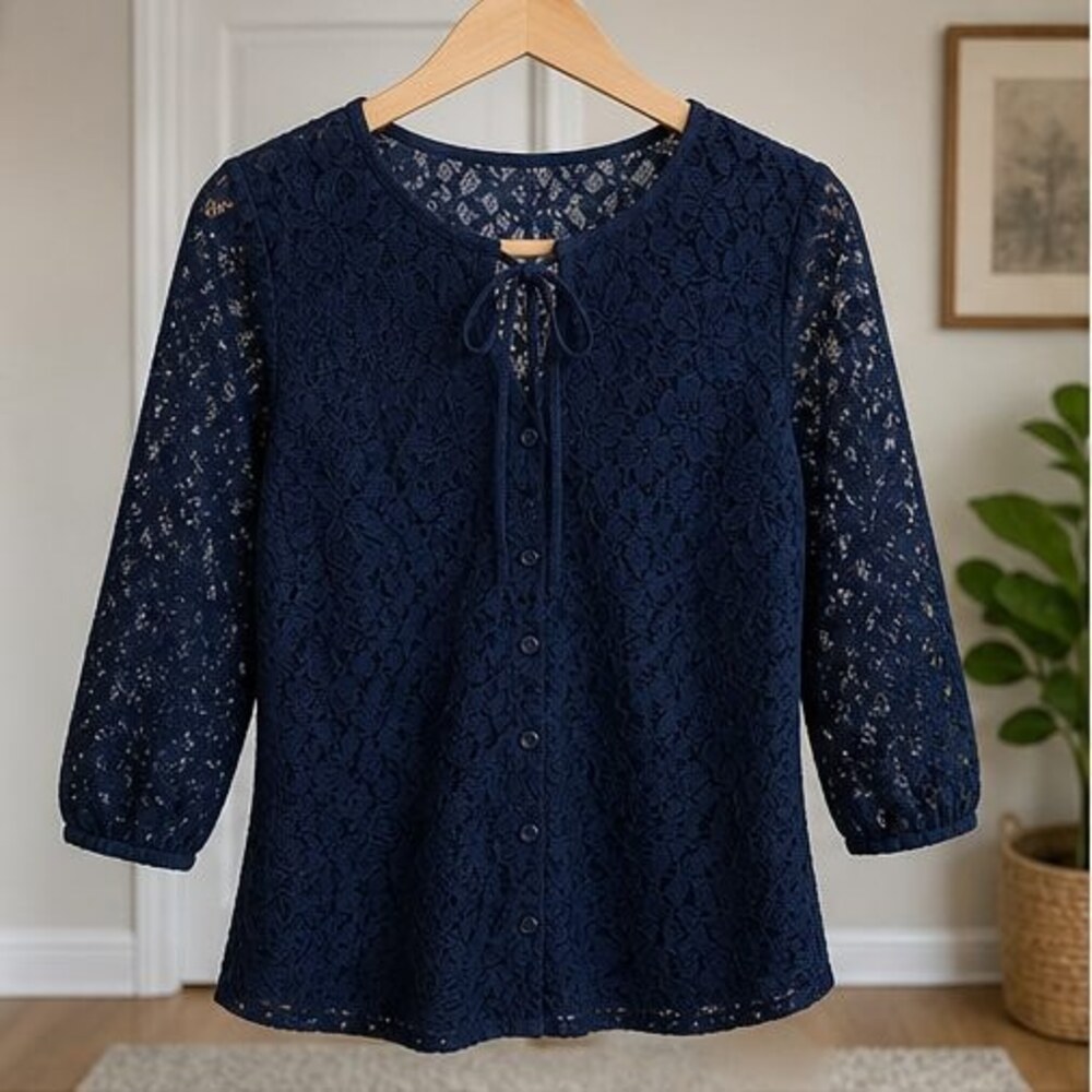 Navy Lace Trim Top